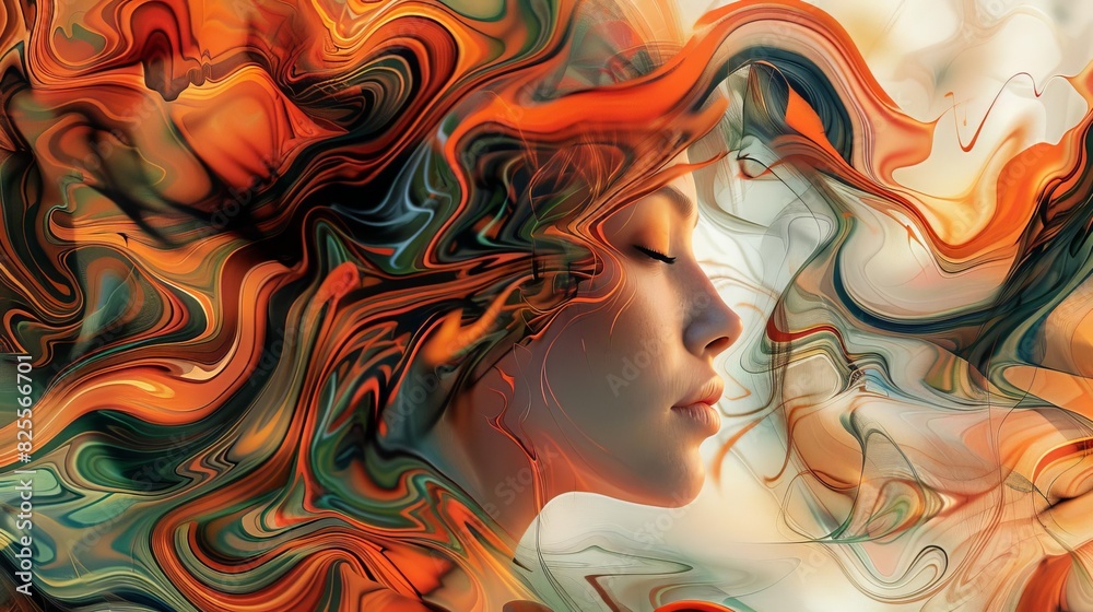 captivating fantasy woman with flowing hair amidst swirling abstract shapes aigenerated concept art