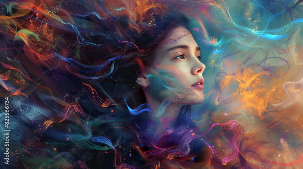captivating fantasy woman with flowing hair amidst swirling abstract shapes aigenerated concept art
