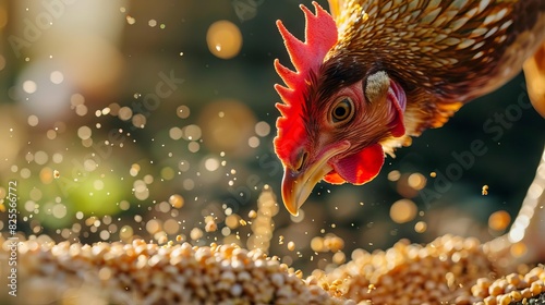 closeup of chicken pecking grains detailed photo photo