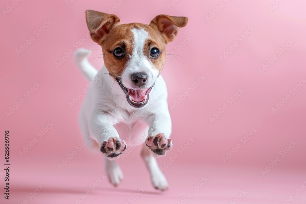 Rat Terrier dog Jumping and remaining in mid-air, studio lighting, isolated on pastel background, stock photographic style