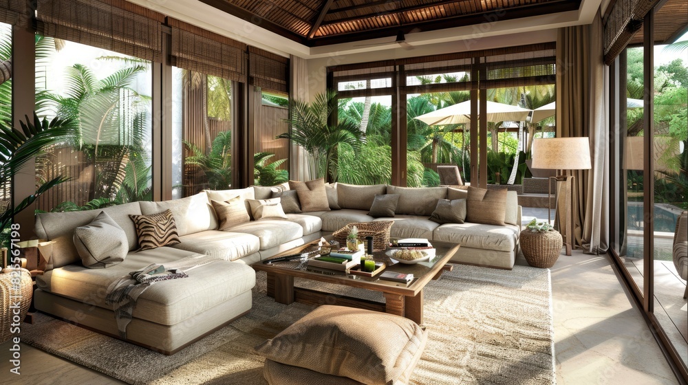 Fototapeta premium Tropical-Themed Living Room With Rattan Furniture, Palm Leaf Prints, And Tropical Plants, Room Background Photos