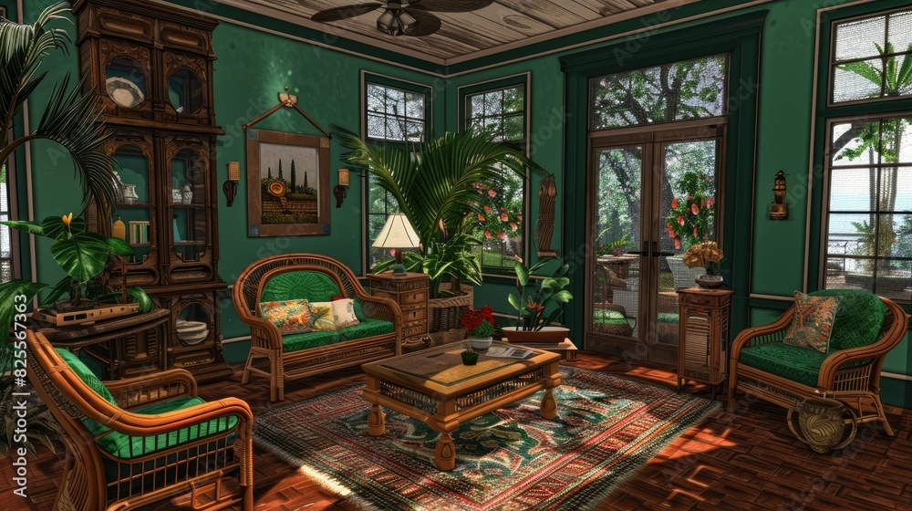 Tropical-Themed Living Room With Rattan Furniture And Lush Plants, Room Background Photos Tropical-Themed Living Room With Rattan Furniture And Lush Plants, Room Background Photos