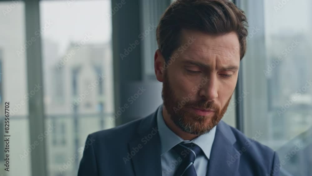 Desperate manager ending call standing office window closeup. Worker finish talk Desperate manager ending call standing office window closeup. Worker finish talk