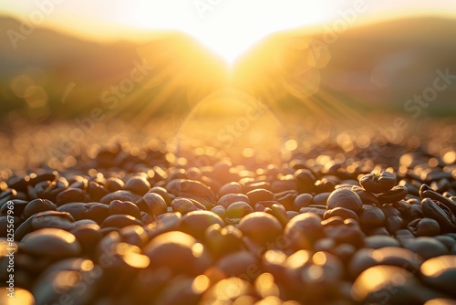 Closeup of coffee beans basking in the warm glow of a sunrise photo