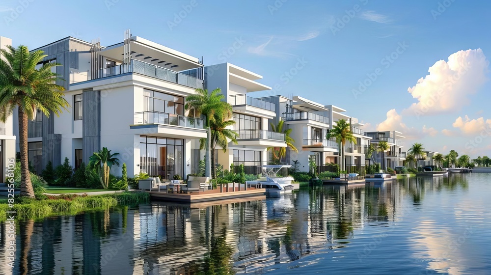 luxurious waterfront living townhomes with private docks and breathtaking views 3d rendering