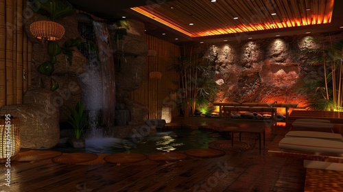 Zen-Inspired Living Room With A Calming Waterfall Feature, Bamboo Accents, And Meditation Space, Room Background Photos