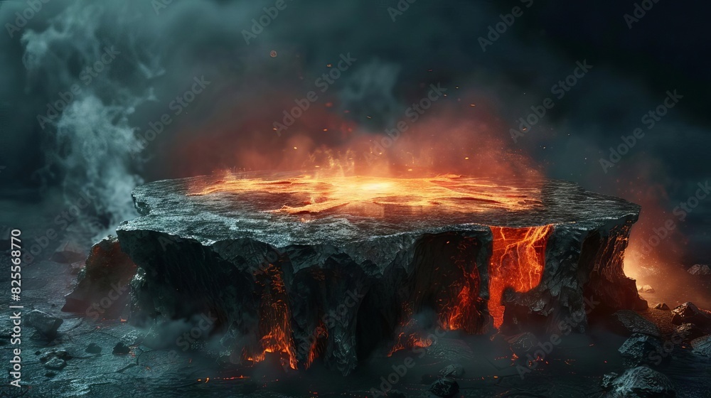 molten lava erupting from stone podium in dark smoky underworld 3d illustration