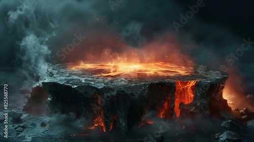 molten lava erupting from stone podium in dark smoky underworld 3d illustration photo