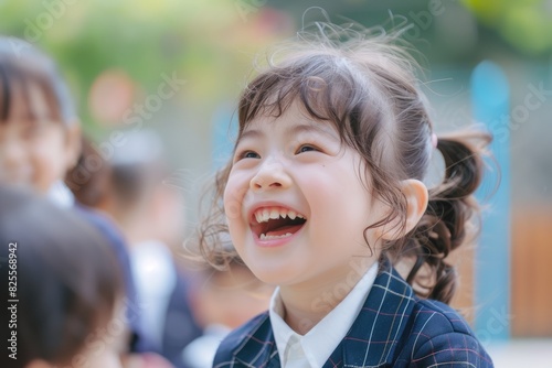 Portrait of smart elementary student laughing with diverse friend at school. Close up of attractive children smiling while wearing uniform cloth with blurring background. Education concept. AIG42. © Summit Art Creations