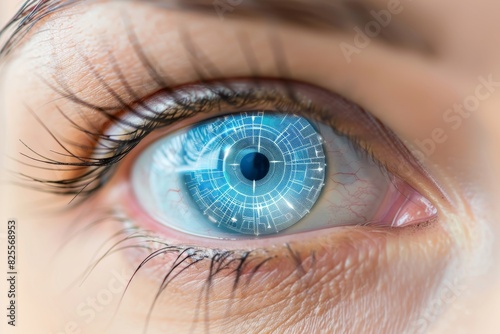 Clear blue eye reflecting a precise digital grid, showcasing a blend of human vision and cybernetic enhancements