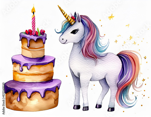 Illustration von einem Einhorn mit Geburtstagskuchen - Geburtstags Karte Motiv  photo