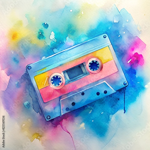 Retro 80-s or 90-s concept. Retro audio cassette in watercolor colorful background.