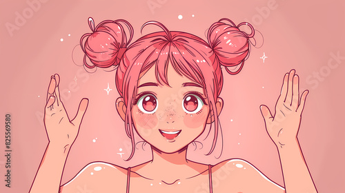 Cheerful Anime Girl with Pink Hair Buns