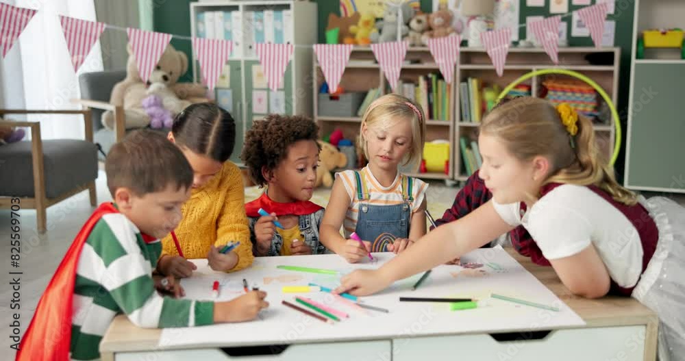 Children, group and friends or drawing in classroom for creativity education, teamwork or project. Boys, girls and coloring pencil at desk for back to school art lesson or development, talk or youth