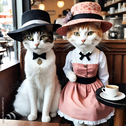 Purrfect Blend: Feline Fashionistas Sip Coffee Surrounded by Canine Company at Café 