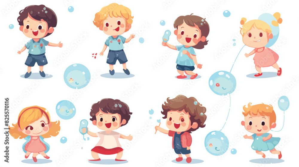Happy funny kids playing with soap bubbles in summe