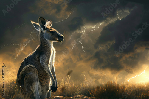 A kangaroo is standing in front of a stormy sky