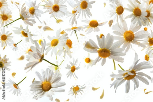 Daisy Petals. Chamomile Flower Petals Flying in Group, Isolated on White Background