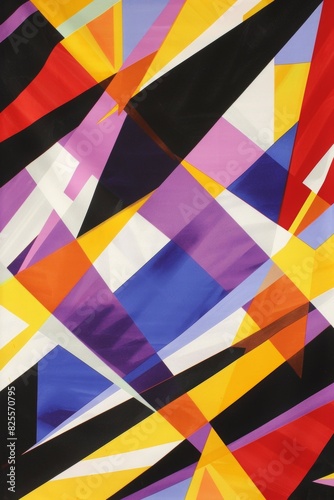 colorful geometric design that has a black base with vibrant, asymmetrical stripes in various colors, including yellow, white, orange, purple, and red.