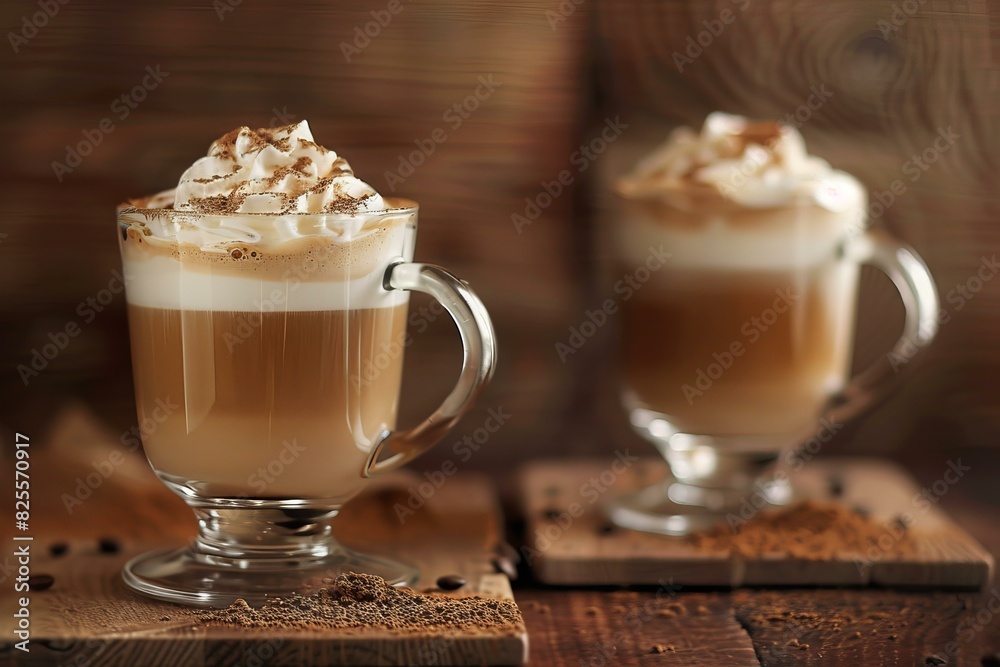 Two glasses of layered coffee with whipped cream garnish, served on a wooden backdrop Two glasses of layered coffee with whipped cream garnish, served on a wooden backdrop