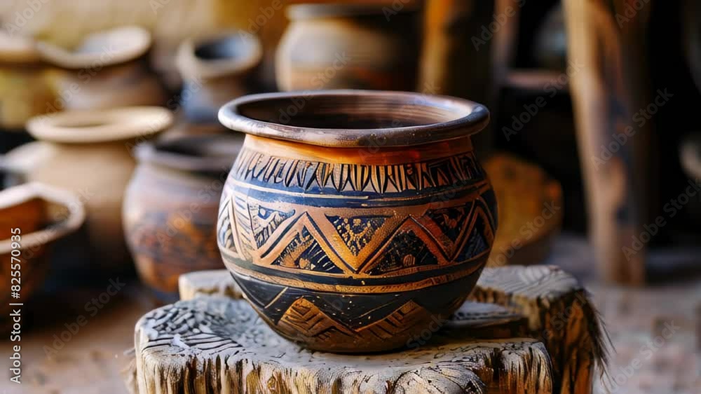 Handcrafted clay pot with traditional geometric patterns, displayed in rustic setting Handcrafted clay pot with traditional geometric patterns, displayed in rustic setting
