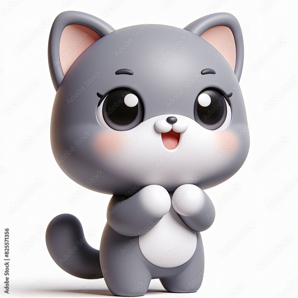 Cute funny gray kitten in 3D - Happy cartoon cat on a white background