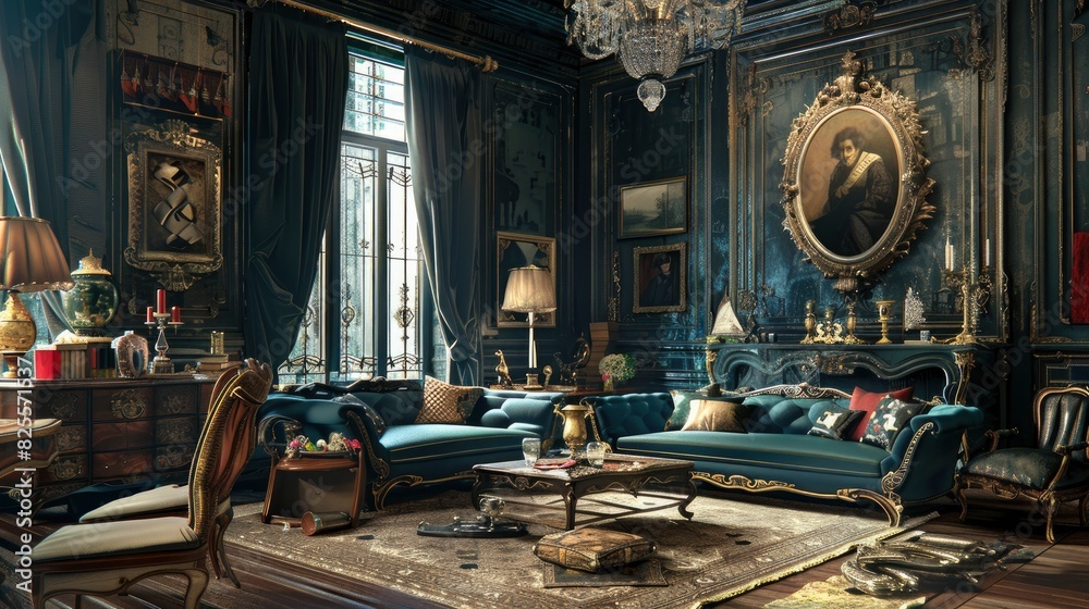 Fototapeta premium Living Room With An Eclectic Mix Of Vintage And Contemporary Decor Elements, Room Background Photos