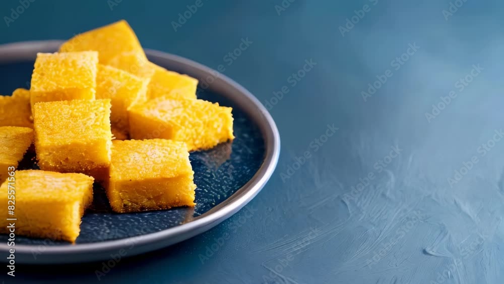 Golden squares of cornbread on dark plate over textured blue surface Golden squares of cornbread on dark plate over textured blue surface