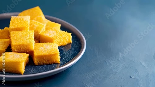 Golden squares of cornbread on dark plate over textured blue surface photo