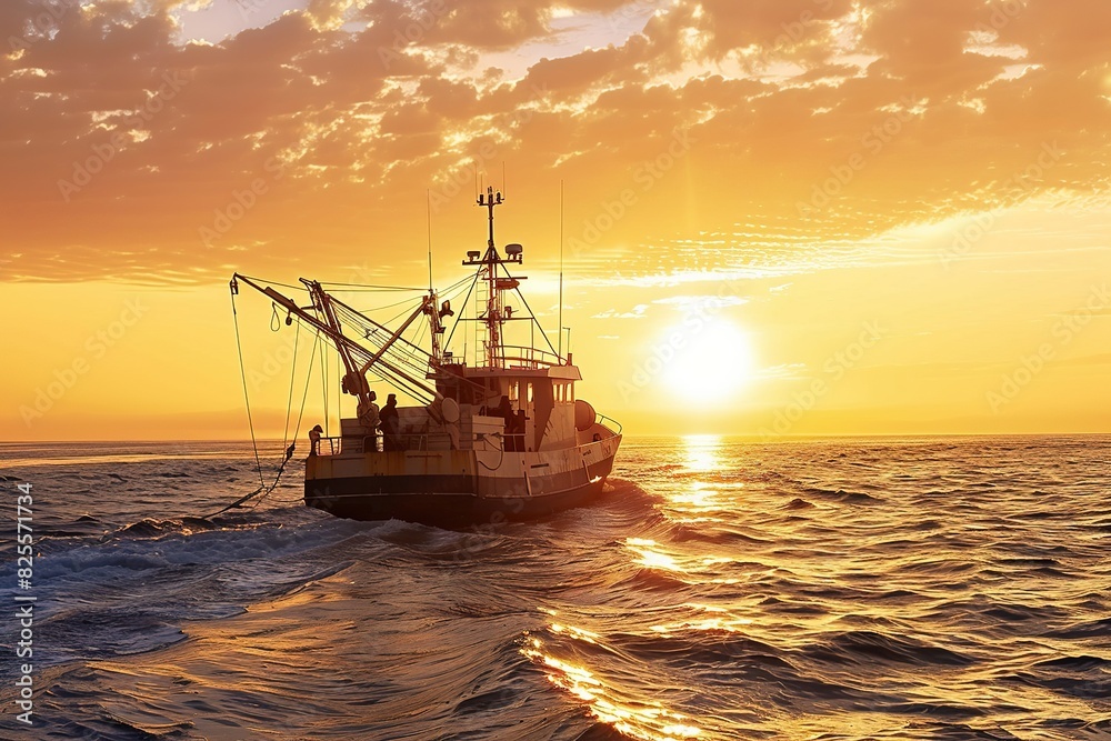 Commercial fishing vessel at sea with crew at dawn