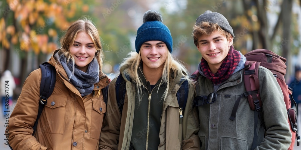 A group of three young friends dressed warmly in jackets and hats, carrying backpacks, as they enjoy a casual day outdoors during autumn