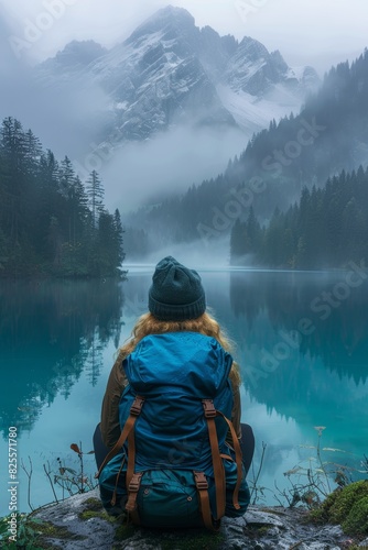 A person with a blue backpack and a beanie hat sitting at the edge of a picturesque, tranquil mountain lake surrounded by foggy, snow-capped peaks