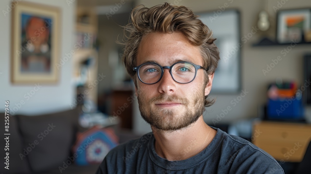 Portrait of a Young Man with Glasses and a Beard in a Modern Apartment with Art and Books in the Background for a Lifestyle Magazine Portrait of a Young Man with Glasses and a Beard in a Modern Apartment with Art and Books in the Background for a Lifestyle Magazine
