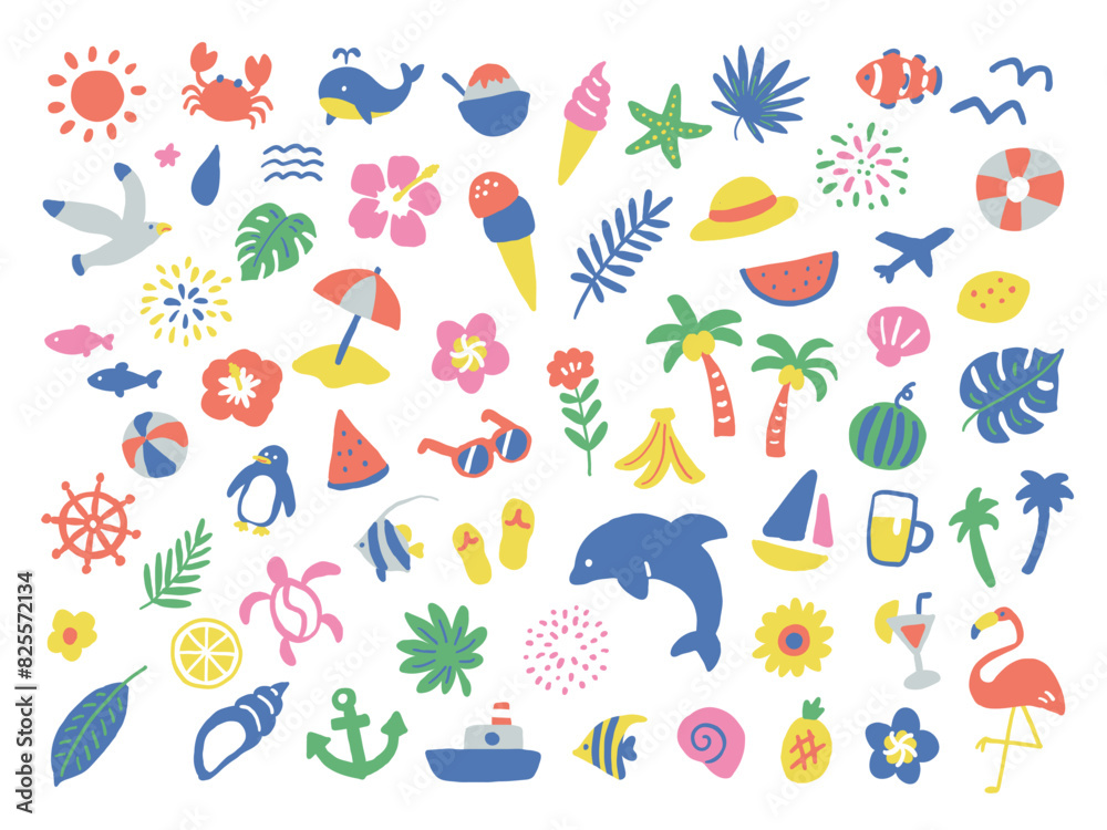 夏と海のかわいいアイコンイラストセット 夏と海のかわいいアイコンイラストセット