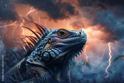 A lizard with blue and white stripes on its head is staring at the camera. The sky behind it is dark and stormy  with lightning bolts visible. Scene is tense and dramatic