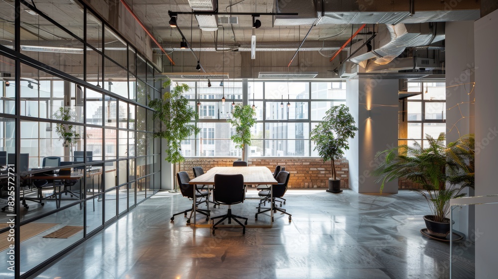 Spacious modern office meeting room with large glass windows, stylish industrial design, and lush green indoor plants contributing to a refreshing work environment