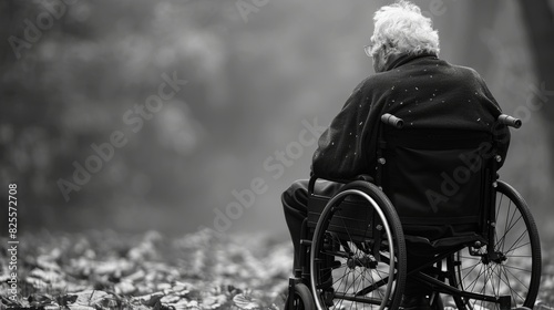 A poignant black-and-white photograph of an elderly person in a wheelchair gazing thoughtfully into the distance amidst a serene  foggy outdoor environment