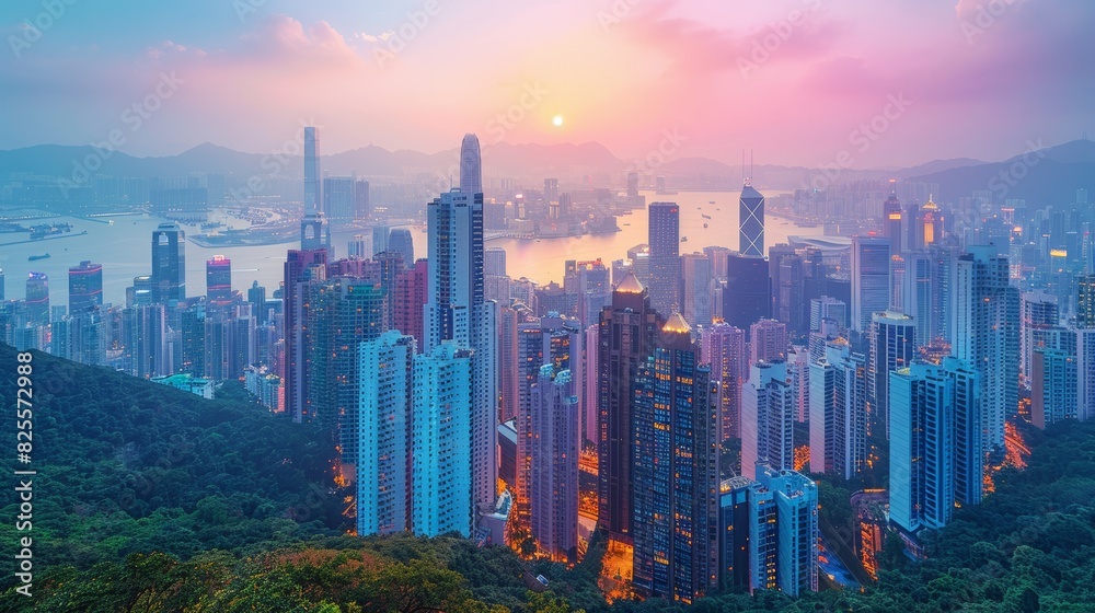 Fototapeta premium A breathtaking sunset view over a bustling metropolitan skyline with high-rise buildings, diverse architecture, and an expansive urban landscape blending seamlessly with lush greenery and distant