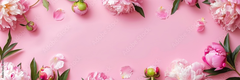 Frame made of beautiful peony flowers on pink background. Flat lay, copy space, summer flowers Frame made of beautiful peony flowers on pink background. Flat lay, copy space, summer flowers