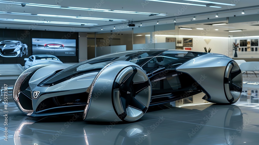 A futuristic concept car in a showroom