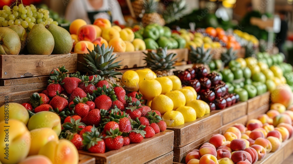 Vibrant Farmer's Market Fruit Display: Fresh Berries, Apples, Oranges, Pineapples, and More in Rustic Wooden Crates