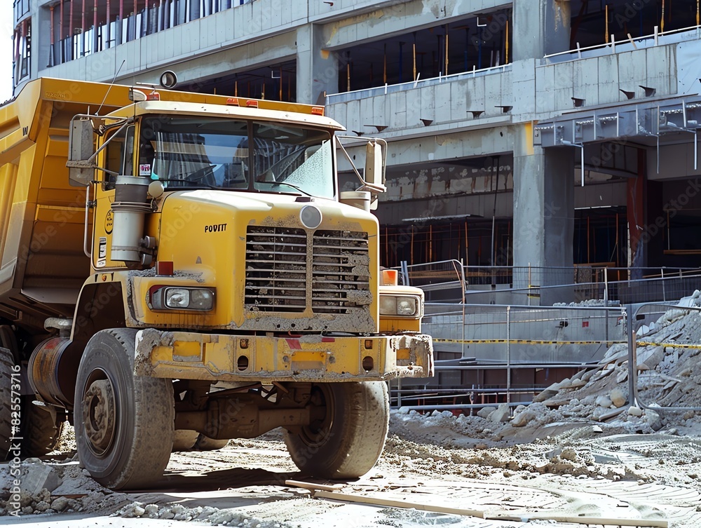 A heavyduty construction truck at a building site A heavyduty construction truck at a building site