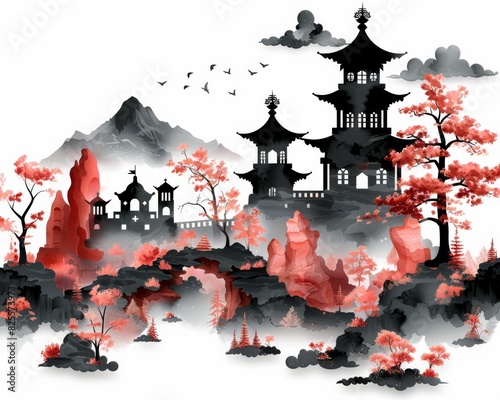 Serene Chinese Landscape Art Featuring Pagodas, Red Trees, and Mystic Mountains in Traditional Ink Wash Style for Tranquility and Harmony