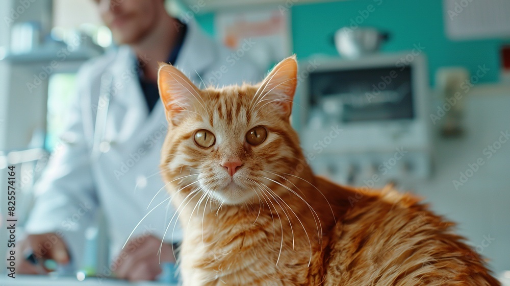 Portrait of a cat with a doctor in a white coat in the background