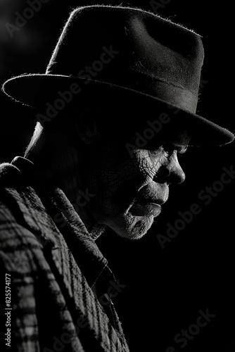 Detailed black and white portrait of a wise old man with a weathered face wearing a classic hat photo