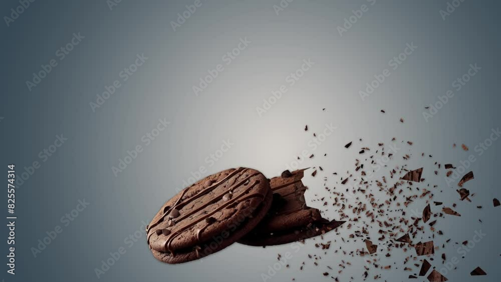 chocolate biscuits floating in an explosion in the air on a blue-green background, concept food