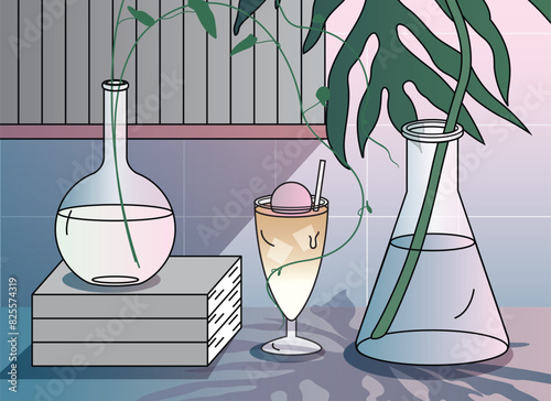 still life illustration with plant vase, drink with ice cream and books, cafe or home interior, reading evironment
