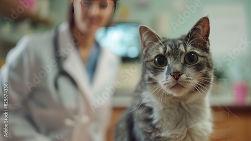 Portrait of a cat with a doctor in a white coat in the background