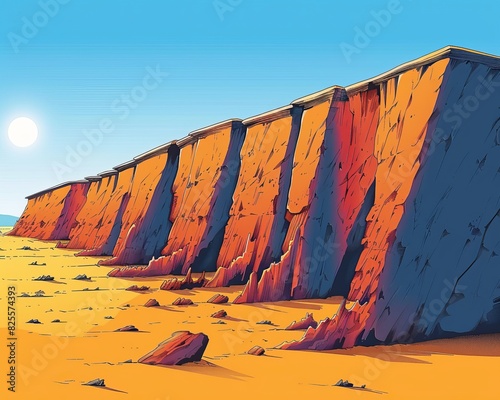 Stunning desert cliff illuminated by a blazing sun in a surreal landscape with striking orange and red rock formations under a clear blue sky