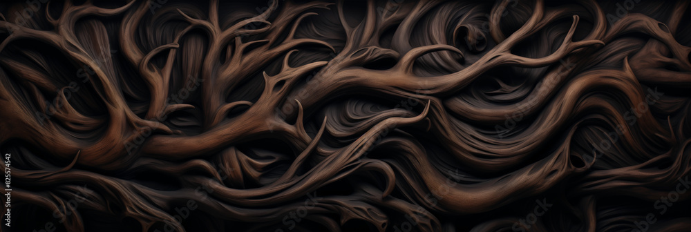Fototapeta premium Intricate twisted wooden branches against a dark background